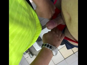 Public restroom tryst: Exhibitionist meets travelers and sprays cum on them