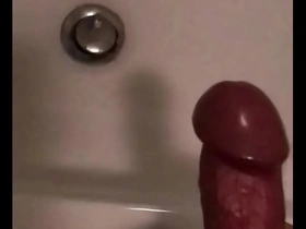 Solo boy with big dick cumming on bathroom items in slow motion